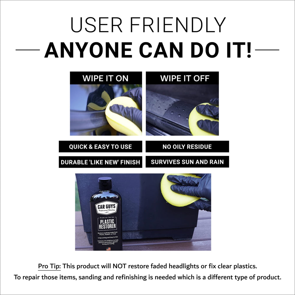 CAR GUYS Plastic Restorer | Bring Plastic, Rubber, and Vinyl Back to Life! | User-Friendly Trim Restorer | Safe Auto Detailing Supplies | 8 Oz Kit with Foam Applicator