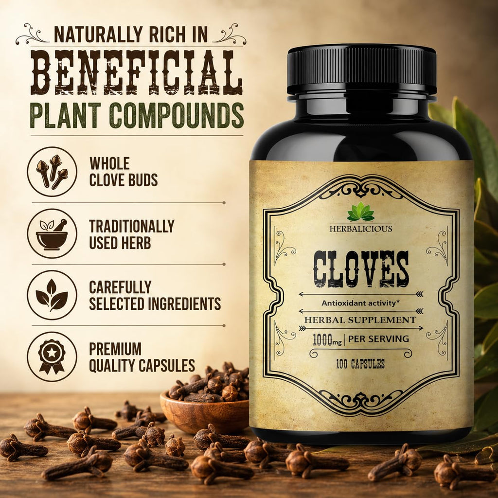 Cloves Capsules - Natural Dietary Supplement - Rich in Vitamins, Minerals, Manganese, Fiber - May Help Strengthen Bones, Promote Digestive Function, Antioxidant Support - 100 Caps