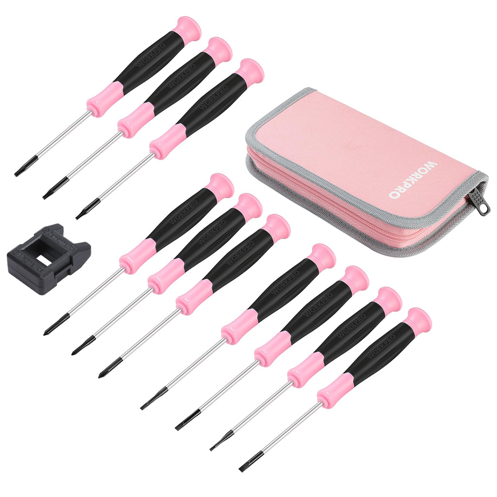WORKPRO 10-Piece Precision Screwdriver Set with Pink Pouch, Phillips, Slotted, Torx Star, Magnetic Tip Small Screwdriver Repair Kit, for Eyeglass, Watch, Computer, Laptop and Phone - Pink Ribbon