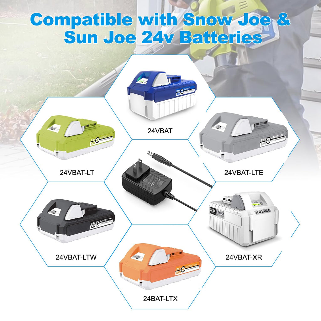 Quick Charge for Snow Joe & Sun Joe 24V Battery, 24VCHRG-QC iON+ Charger for iBAT24 & 24VBAT Series Batteries, iBAT24-LT, iBAT24-XR, 24VBAT-LTE, 24VBAT-XR AC Adapter
