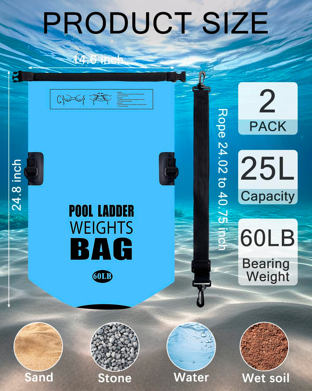 Piemow 2 Pack 25L/60LB Pool Ladder Weights - 500D PVC Waterproof & No Broken Sand Bag with Handle, Above Ground Pool Accessories for Stairs Stabilizing