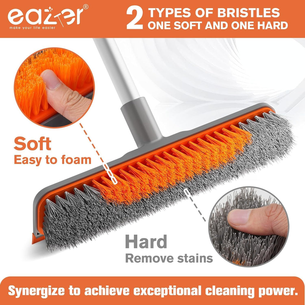 Eazer Floor Scrubber Brush, 2-in-1 Deck Scrubber Brush with Long Handle, Soft & Hard Bristle Brush for Cleaning Concrete, Squeegee Broom for Floor,Bathroom Garage,Kitchen,Wall,Tile and Swimming Pool