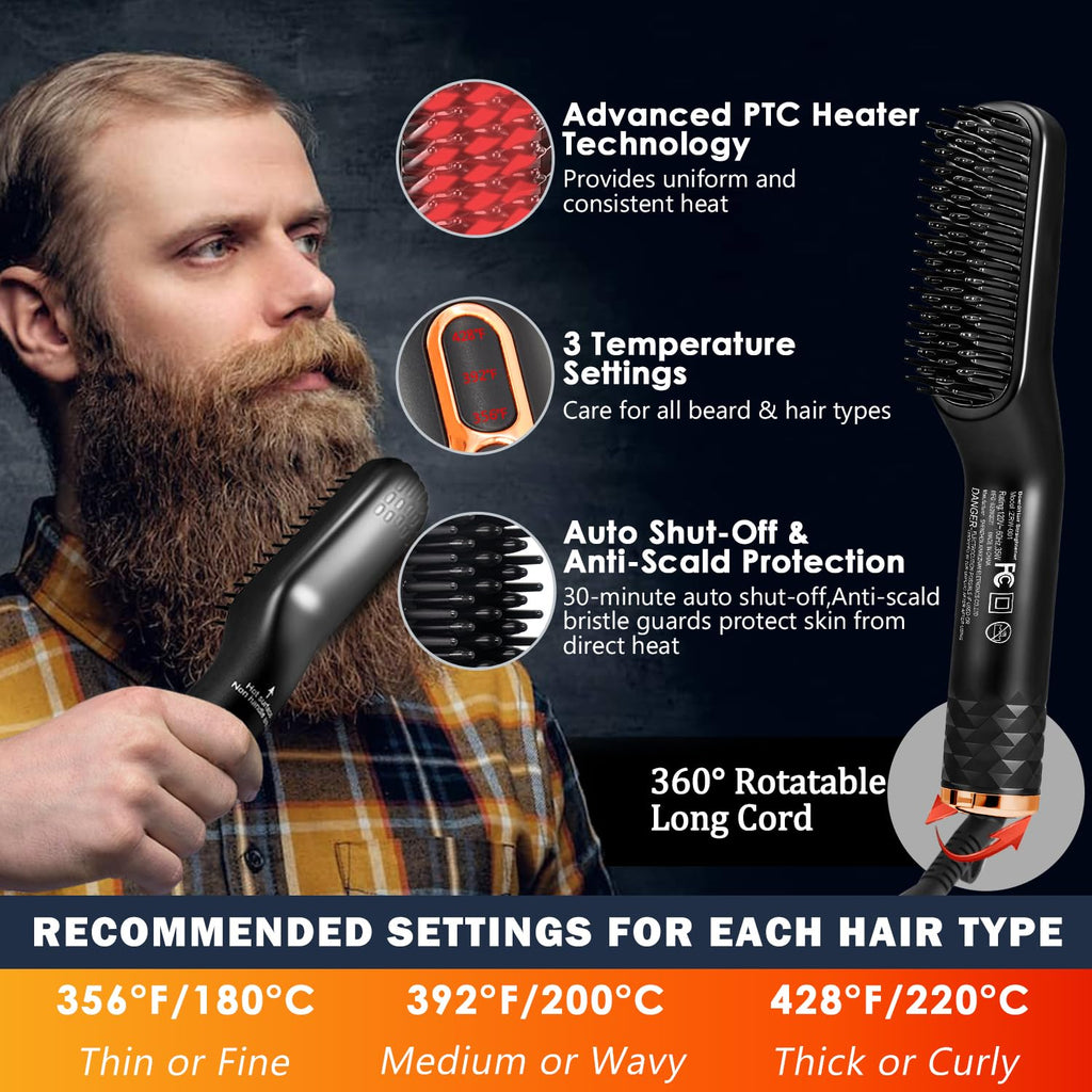 Beard Straightener for Men w/Beard Oil,Balm,Comb,E-Book for All Beard Type