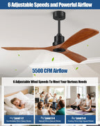 Forrovenco Ceiling Fans With Remote Control, Outdoor Ceiling Fan for Patios Indoor, 3 Downrods, 3 Blades, Timer, 6 Speed Reversible Quiet DC Motor Modern Fan Solid Wood Fan, 52in, Brown