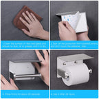 VAEHOLD Self Adhesive Toilet Paper Holder with Phone Shelf Stainless Steel Wall Mounted Toilet Paper Roll Holder - Rustproof and Bathroom Washroom Tissue Roll Holder with Storage Shelf - Silver