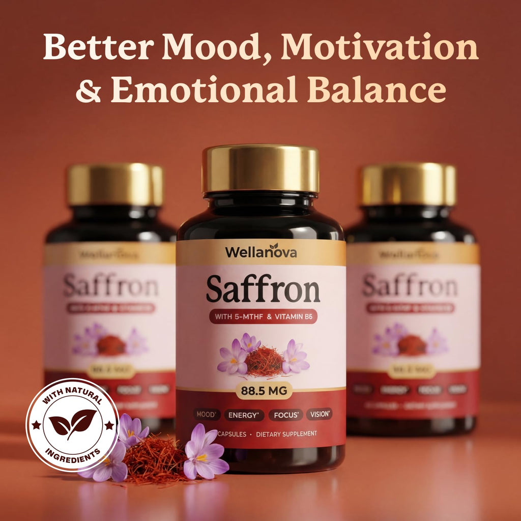 Wellanova Saffron Supplements – 88.5 mg 100% Pure Saffron Extract with Methylated Folate 5-MTHF & Vitamin B6 – Mood, Focus, Vision & Energy Support – 60 Capsules