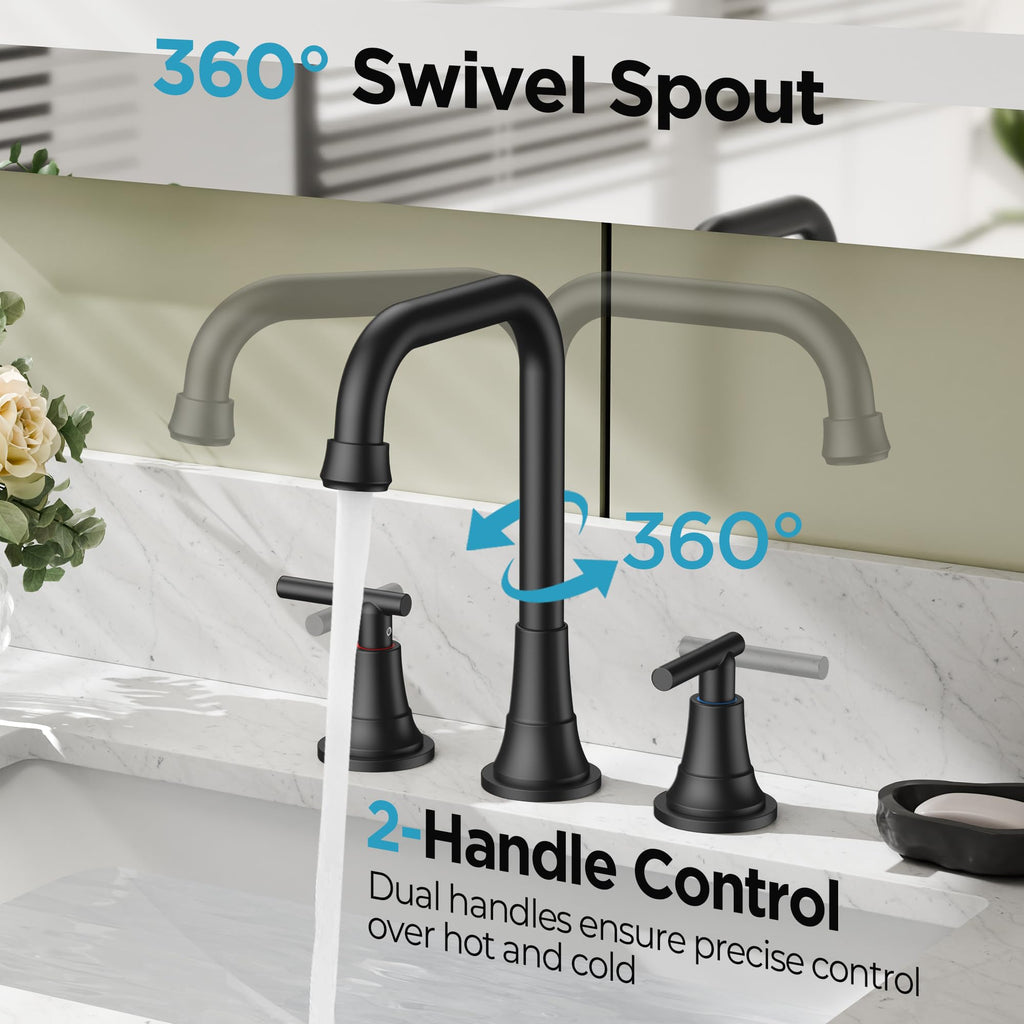 FORIOUS Black Bathroom Faucet for Sink 3 Hole,Widespread Matte Black Bathroom Sink Faucets,2 Handles RV Bathroom Faucets Vanity with Pop Up Drain and Supply Hoses