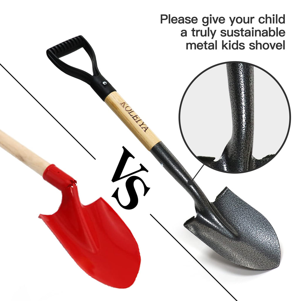 KOLEIYA Small Short Handle Shovel - 28 Inches Overall Length - Kids Metal Sand Shovel for Digging and Gardening - Metal + Wooden