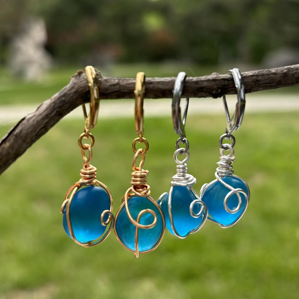 Sea Glass Earrings Sterling Silver - PEPELUALI Handmade Wire Wrap Drop Earrings Cornflower Blue Beach Jewelry Summer Gifts for Women