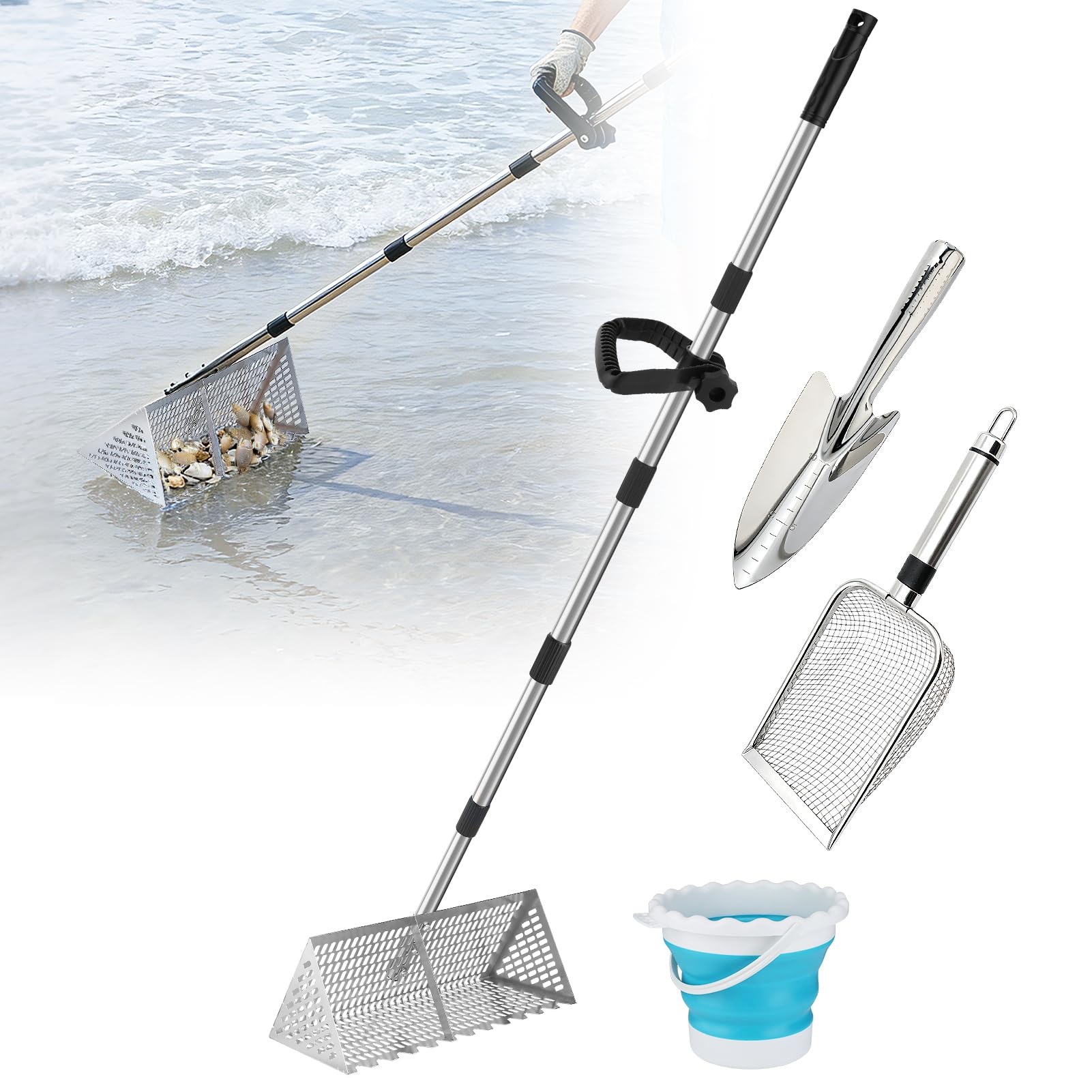 69in Effortless Sand Flea Rake Kit - Anti-Rust Stainless Steel Shark Tooth Sifter with The Narrow Shovel, Mesh Sand Scoop & Bucket, Sands Sifter Shelling Tools for Beach Metal Detecting Beachcombing