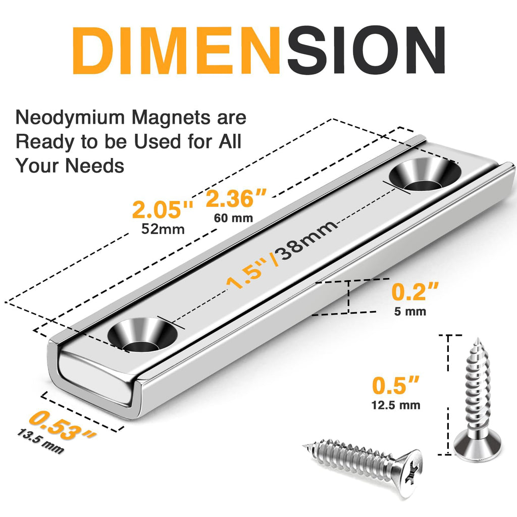 TRYMAG Strong Bar Magnets with Hole, 80 Lbs Heavy Duty Neodymium Rectangular Pot Magnet with Screws for Wall Mounting, 25 Pack Rare Earth Magnets Strips for Garage, Workshop - 60x13.5x5mm