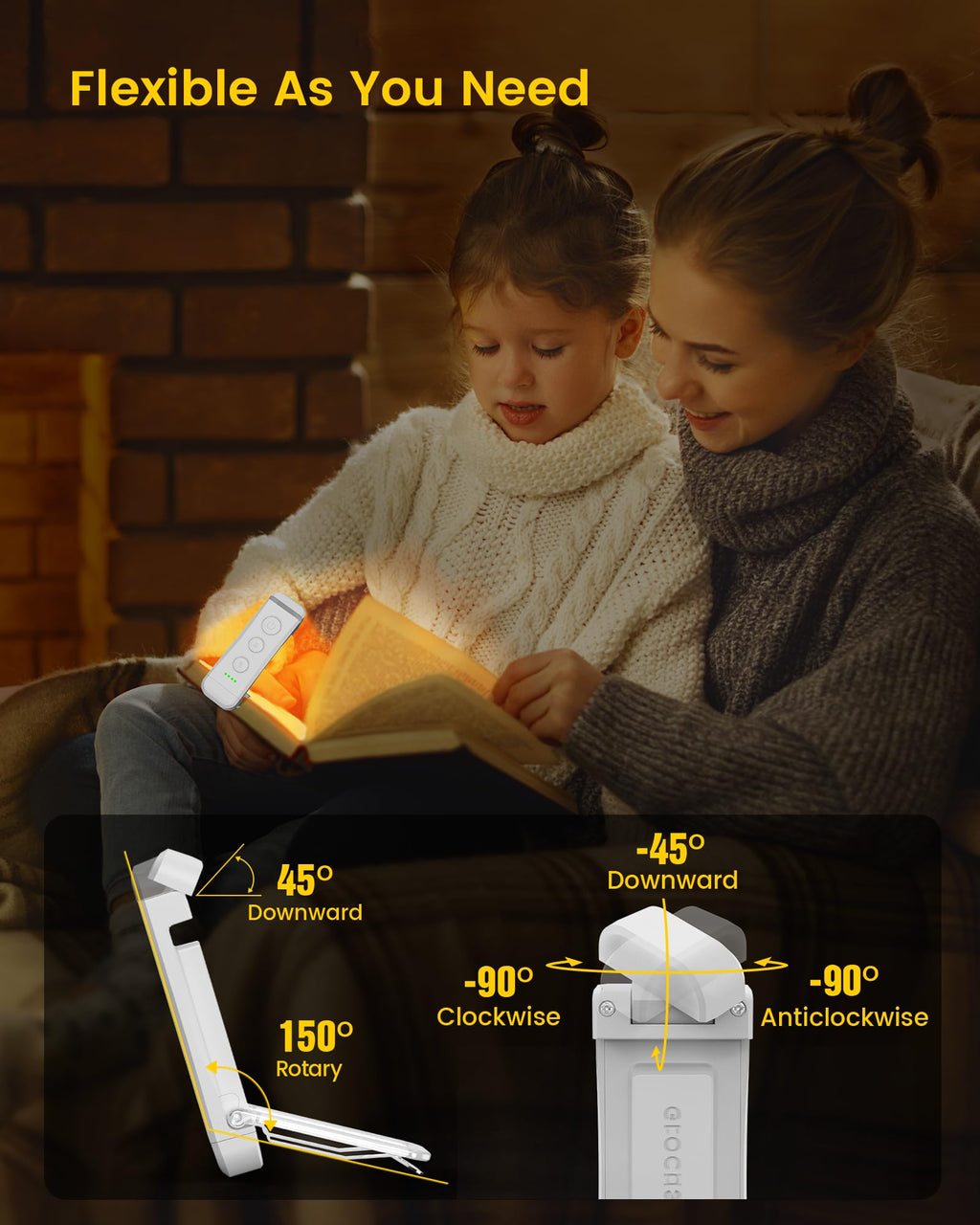 Glocusent USB Rechargeable Book Light, Portable Clip-on LED Reading Light, Reading Lights for Books in Bed with 3 Amber Colors & 5 Brightness Dimmable, Compact & Long Lasting, Perfect for Book Lovers