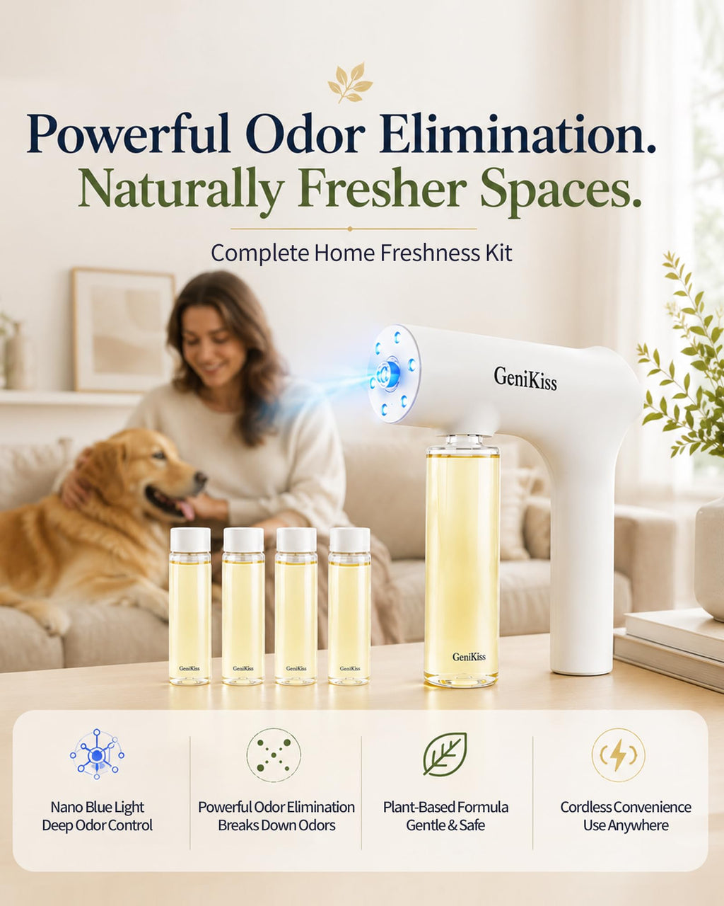 GeniKiss Nano Blue Light Deodorizer Spray Refill Pet & Home Odor Eliminator