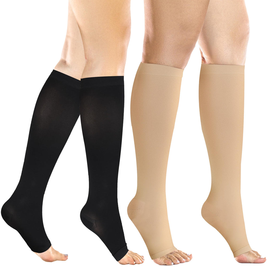 +MD 2 Pairs 20-30 mmHg Compression Socks for Women & Men, Knee High Open Toe Stockings, Graduated Support & Comfort Hose Nude/ Black, 3X-Large