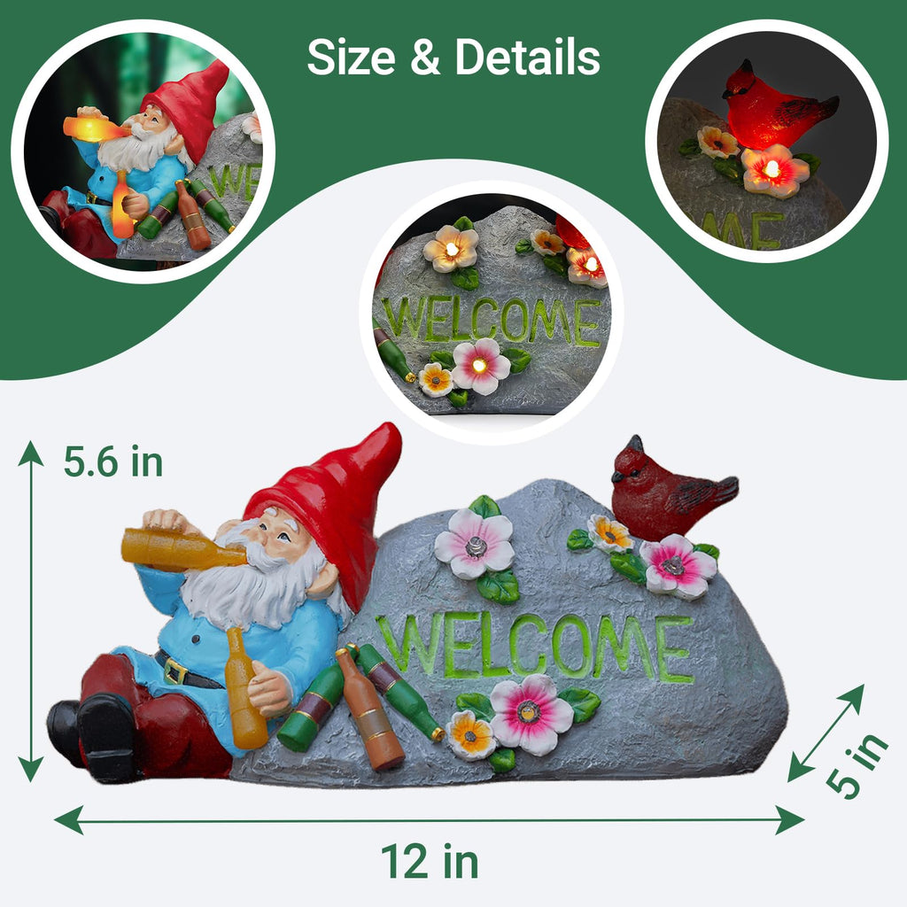 Elegondrar Funny Garden Gnomes Statue with Welcome, Solar Outdoor Gnomes Decorations for Yard, Patio, Lawn, Christmas Birthday Housewaming Gifts, for Dad, Men, Husband, Grandpa, 11.8 Inch, Resin