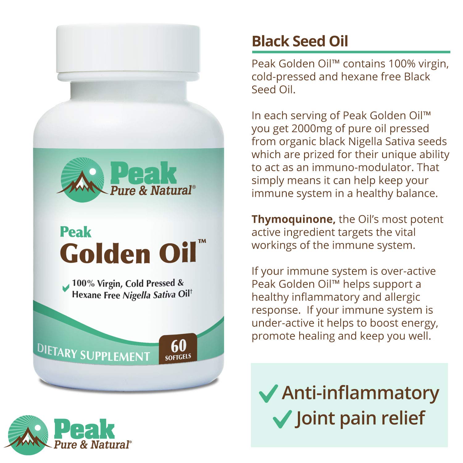 Peak Pure & Natural, Peak Golden Oil Cold Pressed Organic Black Seed Oil Supplement - Black Seed Oil for Digestive Health, Skin Nutrition, Joint Comfort - 60 Capsules