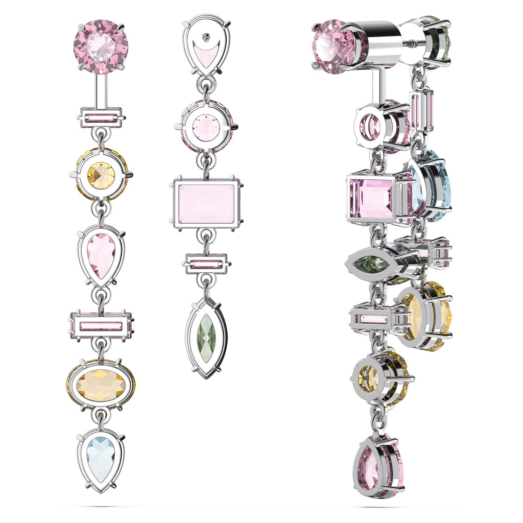 Swarovski Gema Drop Earrings, Asymmetrical design, Mixed cuts, Long, Multicolored, Rhodium Finish