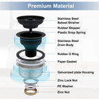 ZM Kitchen Sink Stainless Steel Deep Locking Basket Strainer with Drain Assembly,Black, 3-1/2 Inch Sink Drain Stopper Plug
