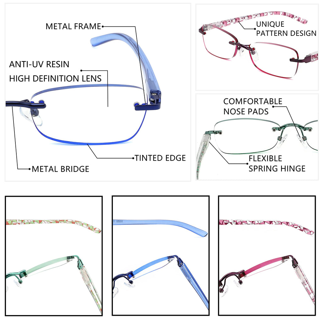 JJWELL 3 Pack Blue Light Blocking Reading Glasses for Women, Anti Eyestrain/Computer Glare UV 400 Filter Readers with Spring Hinge, Lightweight Rimless Tinted Metal Blue Rays Eyeglasses (4.00)