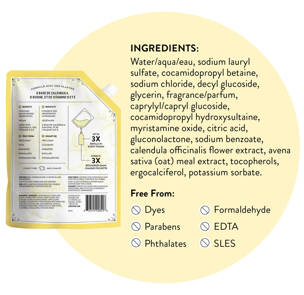 J.R. Watkins Gel Hand Soap Refill, Moisturizing Hand Wash, Alcohol-Free, Cruelty-Free, Lemon, 34 Fl Oz, 3 Pack