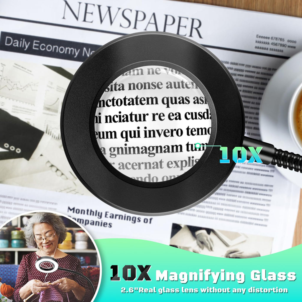 10X Magnifying Glass with Light, Clip on Mganifier with Light, 48 LED Desk Magnifying Glass wtih Clamp, 3 Modes Dimmable Magnifying LED Lamps for Bed Work Crafts DIY Repair