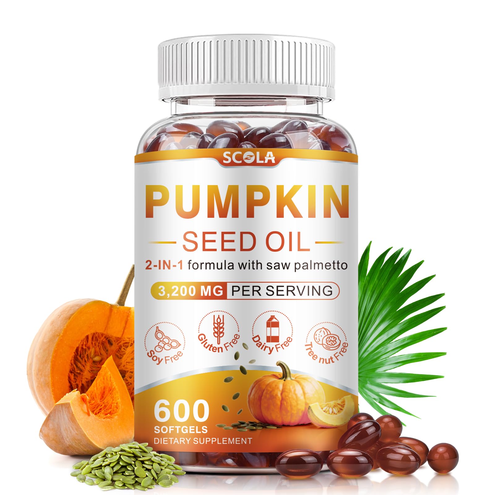 SCOLA Pumpkin Seed Oil with Saw Palmetto,3200mg/Serving,Cold-Pressed with Essential Fatty Acids & Phytosterols,Supports Hair, Immune,Bladder & Prostate Health,Non-GMO (600 Softgels)