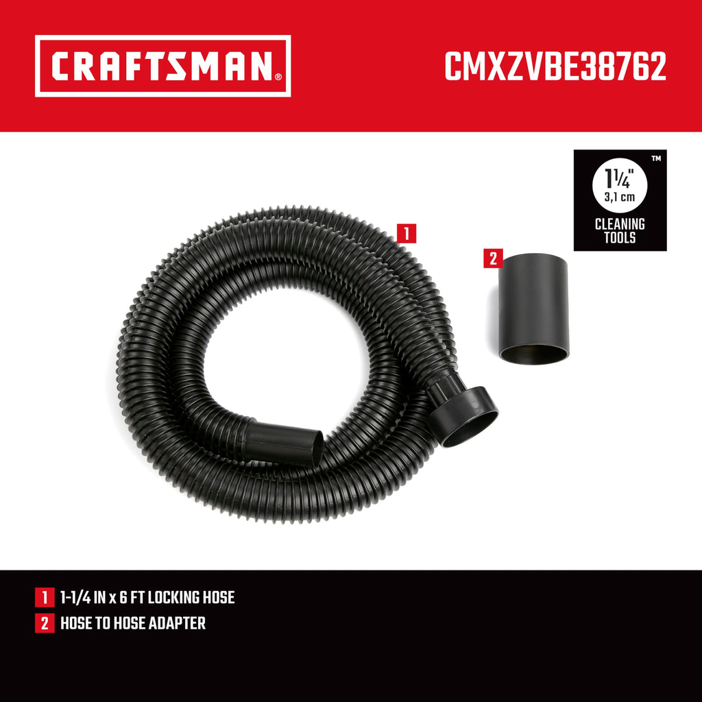 CRAFTSMAN CMXZVBE38762 1-1/4 in. x 6 ft. Friction Fit Wet Dry Vac Hose Attachment Kit, Fits Most Wet/Dry Vacuums with a 2-1/2 inch Drum Inlet and Attaches to 1-1/4 in. Accessories