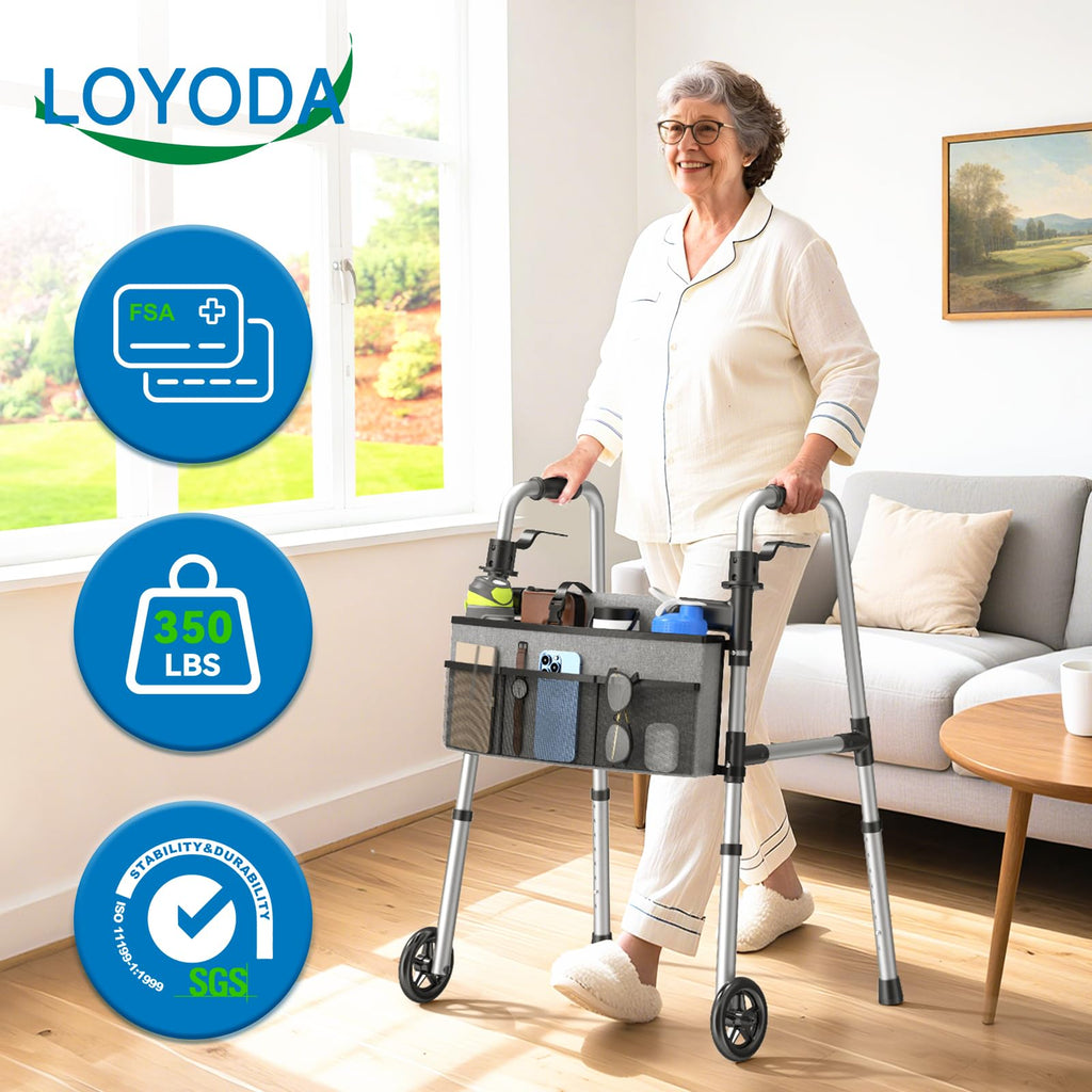 Loyoda Folding Walker with Basket and Glide Skis, 5" Wheels Lightweight Walkers for Seniors and Adults, Supports Up to 350 Pounds, Adjustable Height, Compact Standard Walker