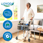 Loyoda Folding Walker with Basket and Glide Skis, 5" Wheels Lightweight Walkers for Seniors and Adults, Supports Up to 350 Pounds, Adjustable Height, Compact Standard Walker