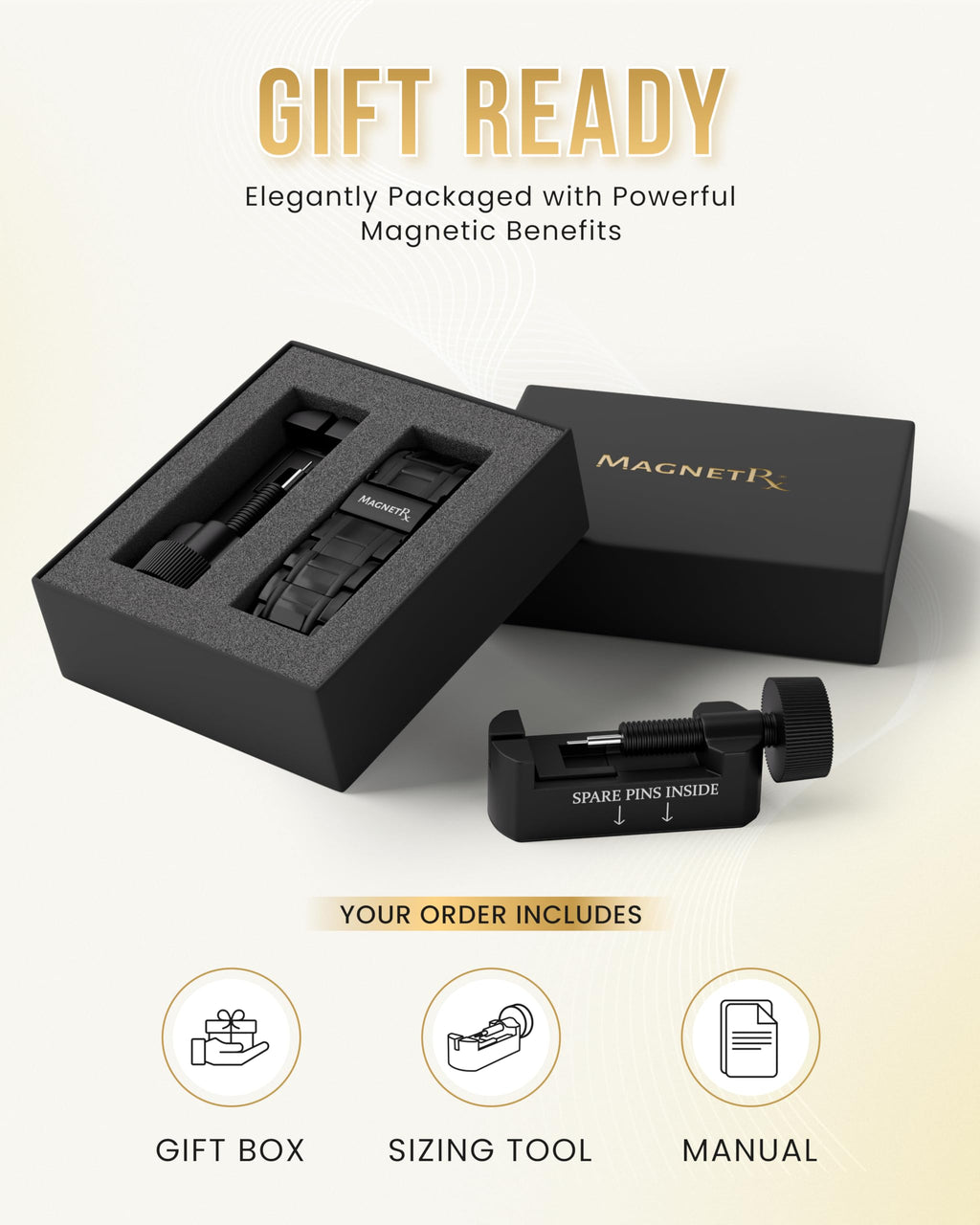 MagnetRX® 3X Strength Magnetic Bracelets for Men – Effective Titanium Mens Magnetic Bracelet – Premium Fold–over Clasp & Adjustable Length with Sizing Tool & Gift Box (Black)