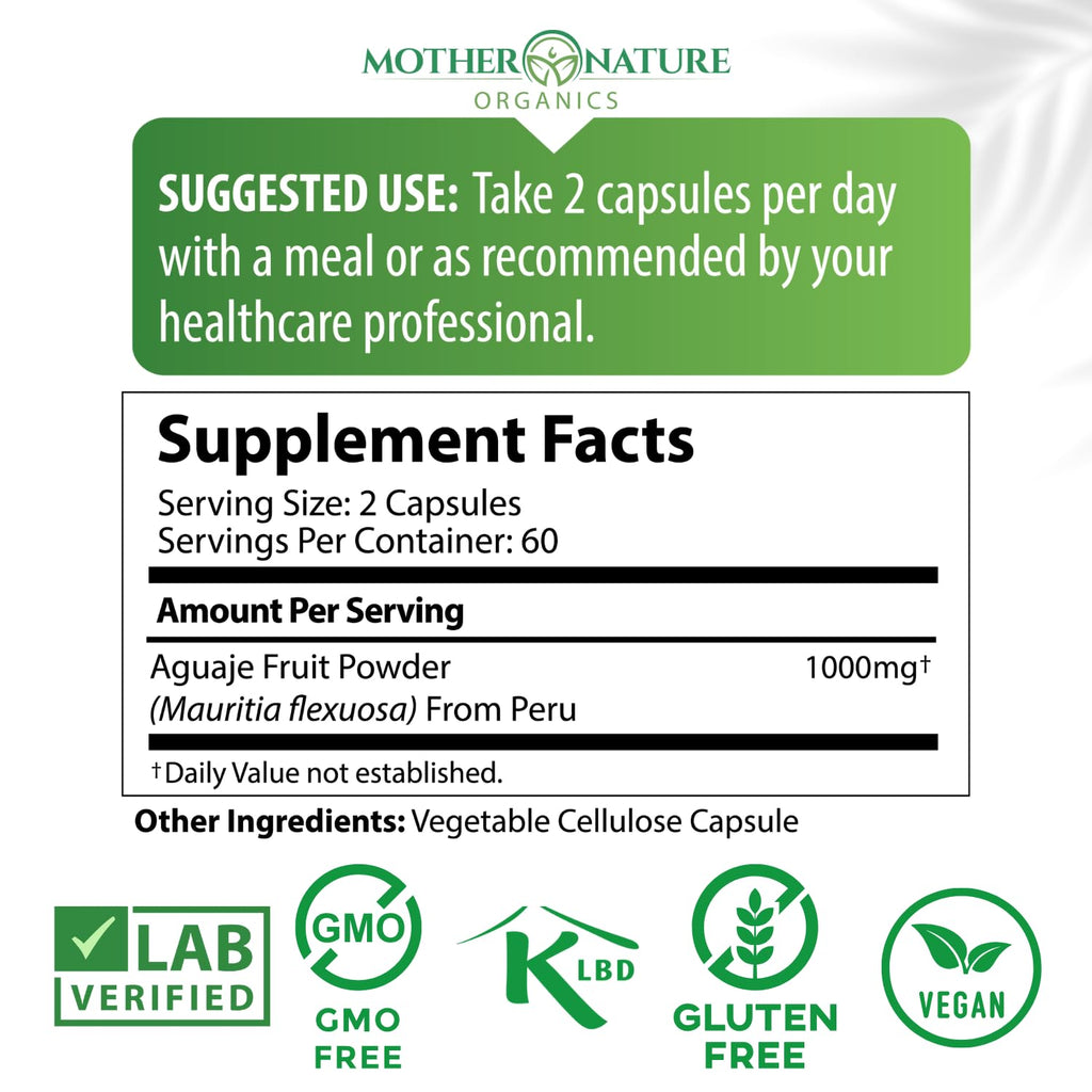Mother Nature Aguaje Curves Capsules for Women, 1000mg (120ct), Natural & Sustainably Sourced Aguaje Fruit from Peru for Female Health, Hormone Balance, Curve Enhancer, Vegan, Non-GMO & Gluten-Free