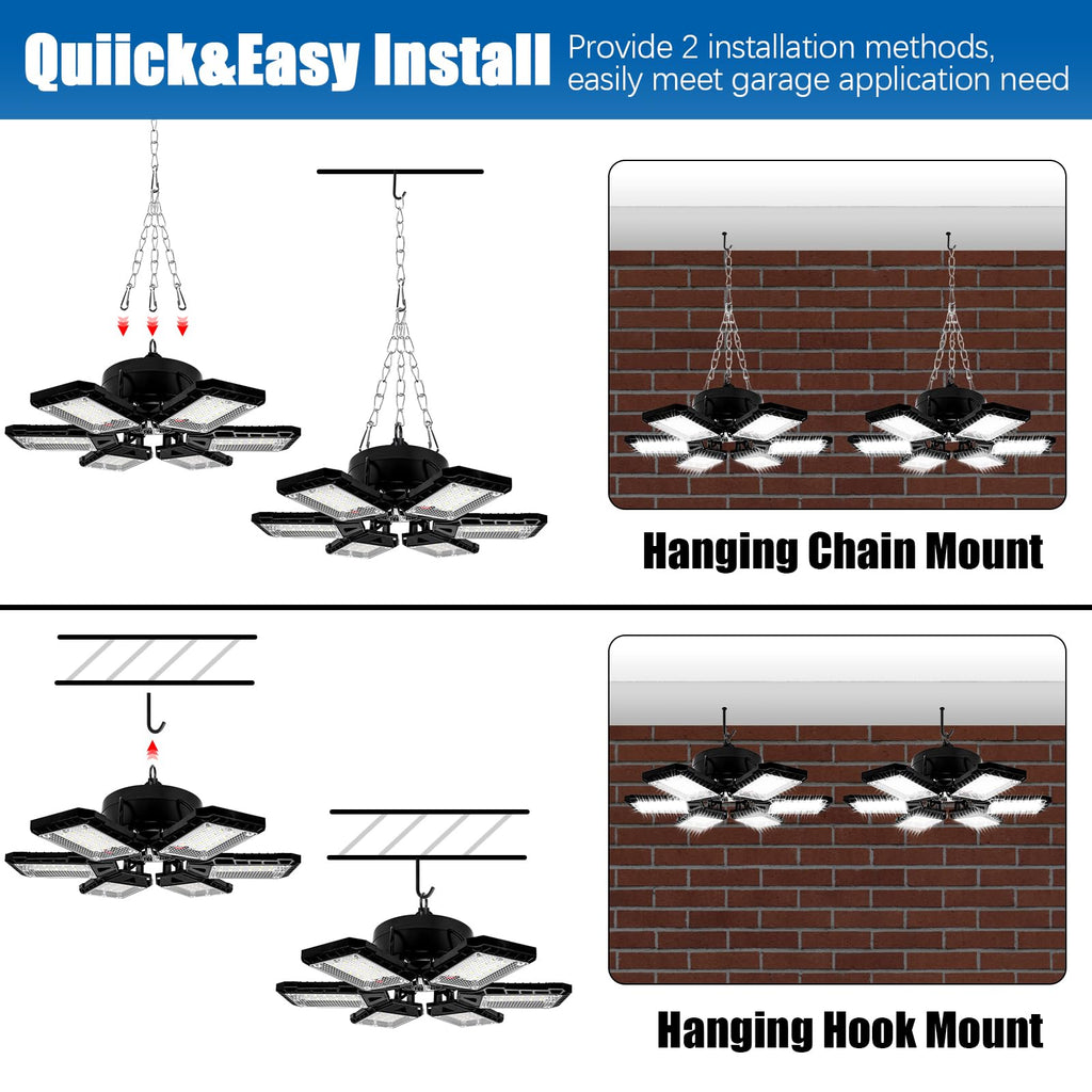 Aoretic LED Garage Lights 2 Pack -180W, 18000LM 6500K Led Shop Light with 6+1 Deformable Panels, Basement Barn Light Garages Ceiling Lights, E26/E27 for Garage, Warehouse, Shop, Basement