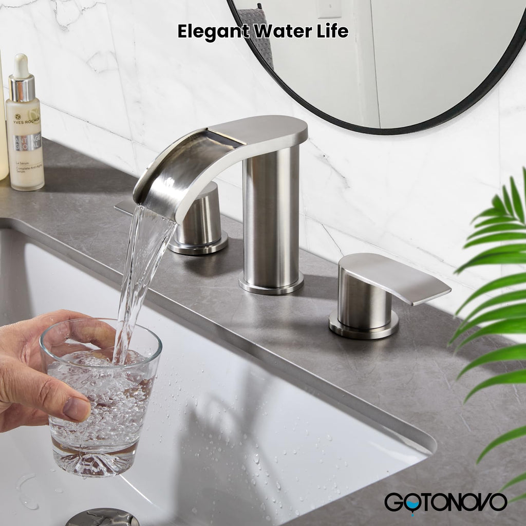 gotonovo Waterfall 8 inch Widespread Bathroom Faucet Set Bathroom Sink Faucet 3 Hole 2 Handle Vanity Lavatory Deck Mount with Pop Up Drain and Water Supply Lines Round Body Brushed Nickel