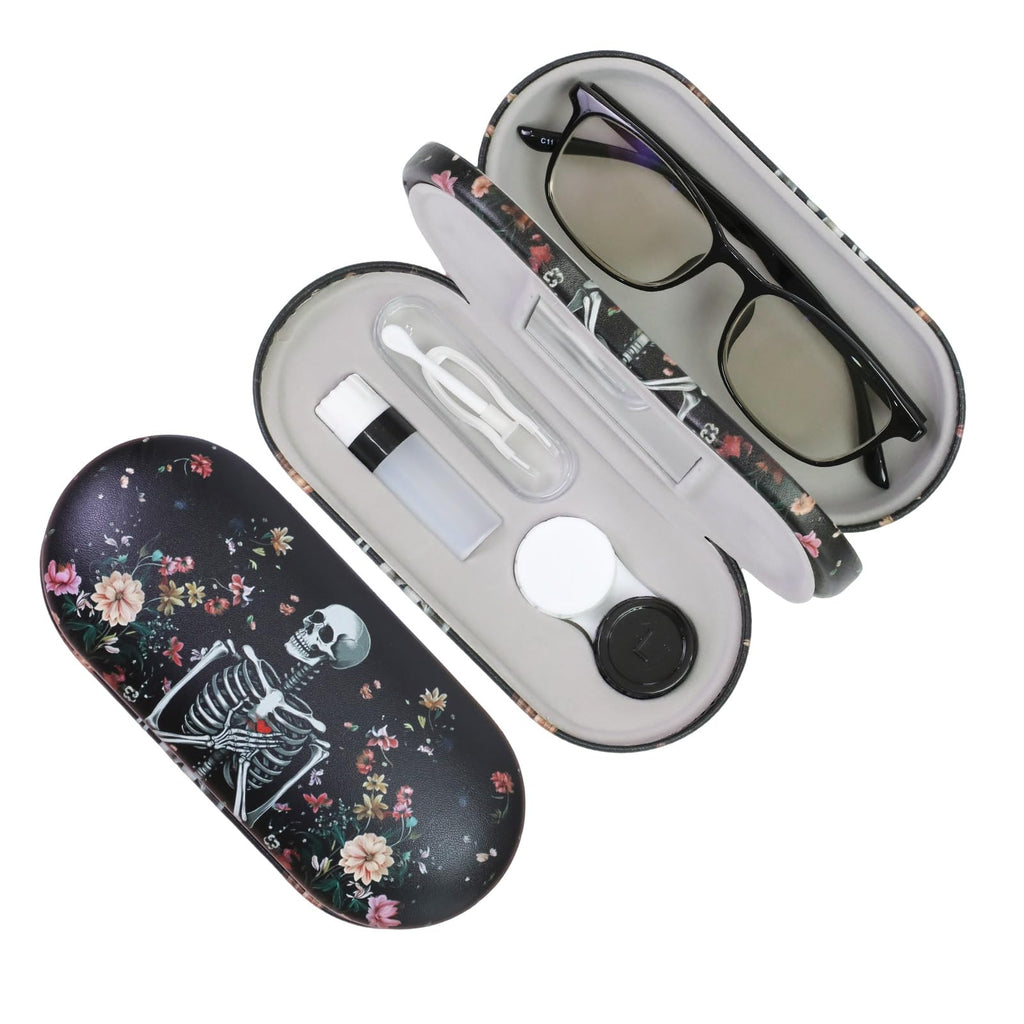FlyingMage 2 in 1 Contact Lens Case and Eyeglasses Case for Women Men Kids, Double Sided Hard Shell Portable Glasses Travel Holder with Built-in Mirror, Contact Lens Box Storage Kit (Black Skull)