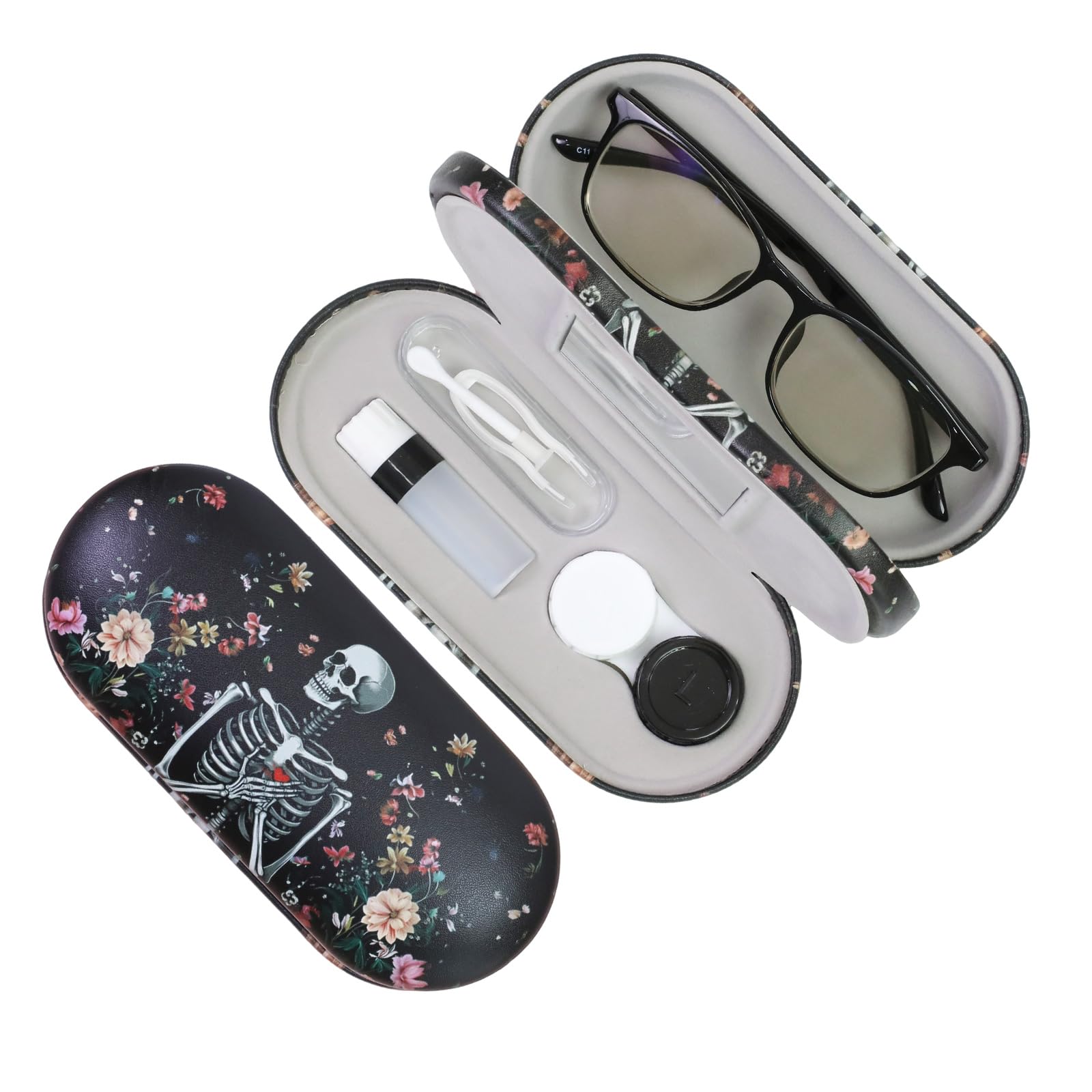 FlyingMage 2 in 1 Contact Lens Case and Eyeglasses Case for Women Men Kids, Double Sided Hard Shell Portable Glasses Travel Holder with Built-in Mirror, Contact Lens Box Storage Kit (Black Skull)