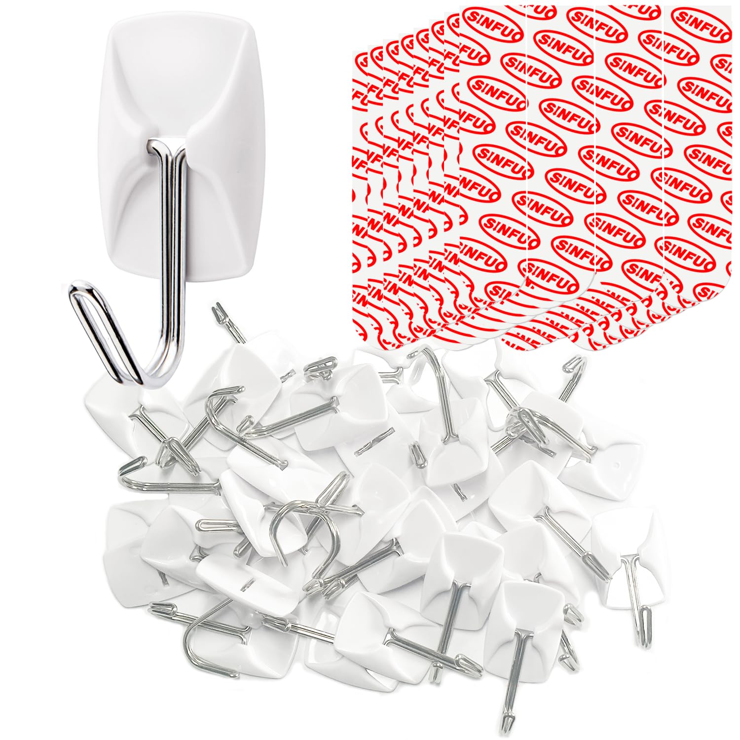 Sinfuo Wire Hooks for Wall Small 32 Hooks, Heavy Duty Wall Hooks with 36 Strips, Damage Free Adhesive Hooks for Key Holder, Coat, Door, Shower Hanging