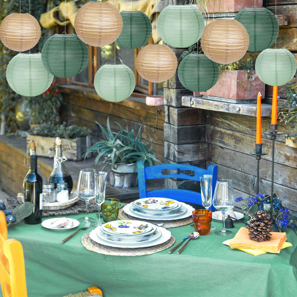 YUNXUAN Paper Lanterns Decorative, Sage Green Forest Tan Hanging Round Chinese Lanterns with Lights for Rustic Party Sage Green Birthday Party 12 LED Light Pack of 12