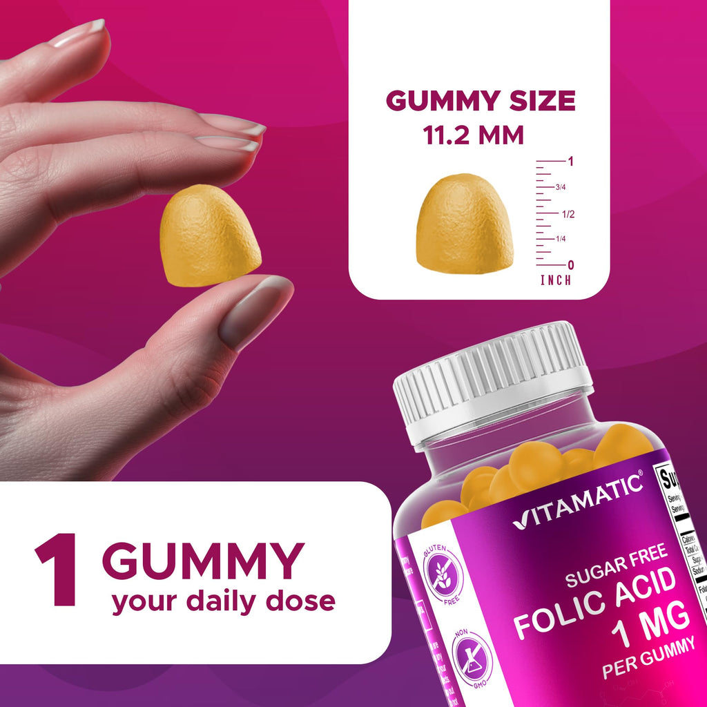 Vitamatic Folic Acid Gummies 1000 mcg (1 mg) – Essential Prenatal Vitamin B9 for Mom & Baby – 120 Vegan Gummies per Bottle – 2 Pack