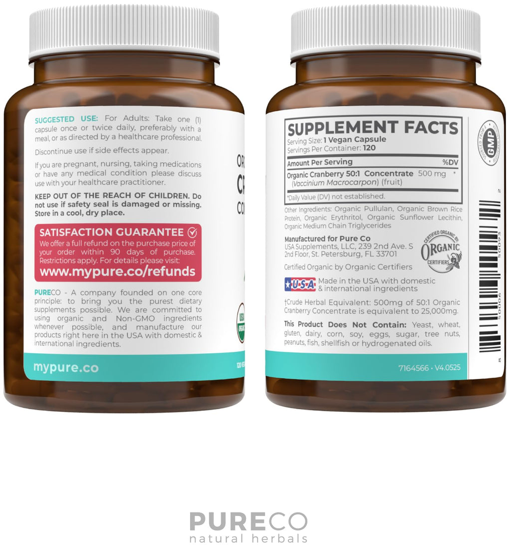 Organic Cranberry Extract Capsules - Super 50X Potency Cranberry Pills for Women to Support Urinary Tract Bladder and Kidney - Vegan Non-GMO USDA Organic & North American Sourced (4 Month Supply)