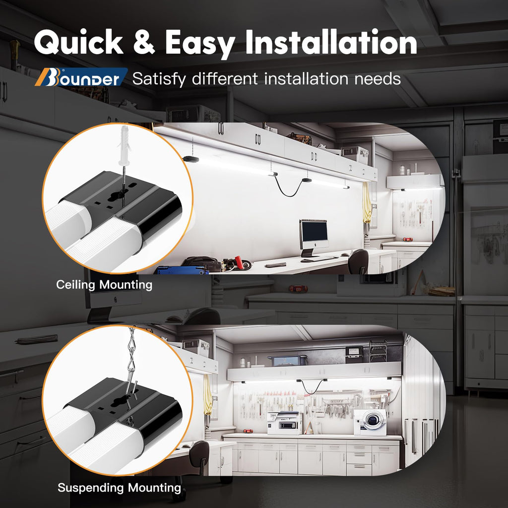 BBOUNDER 4 Pack Linkable LED Utility Shop Light, 4400 LM, Super Bright 6500K Cool Daylight, 4 FT Integrated Fixture for Garage, 40W Equivalent 250W, Surface + Suspension Mount, Black