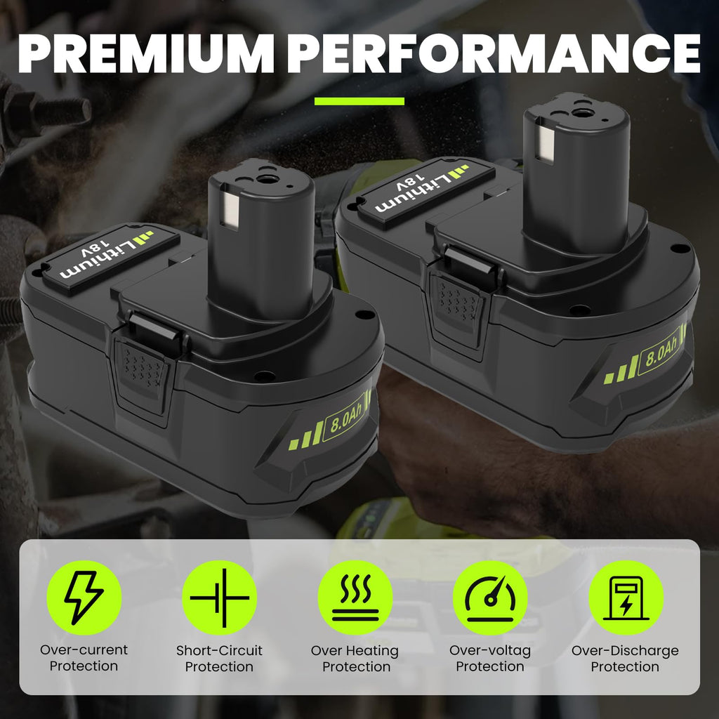 2 Pack Upgrade 8000mAh High Capacity P108 Replacement for Ryobi 18V Battery Lithium ion Compatible with Ryobi 18 Volt Battery P102 P103 P104 P105 P107 P108 P109 P122 Cordless Tool Batteries (Green)