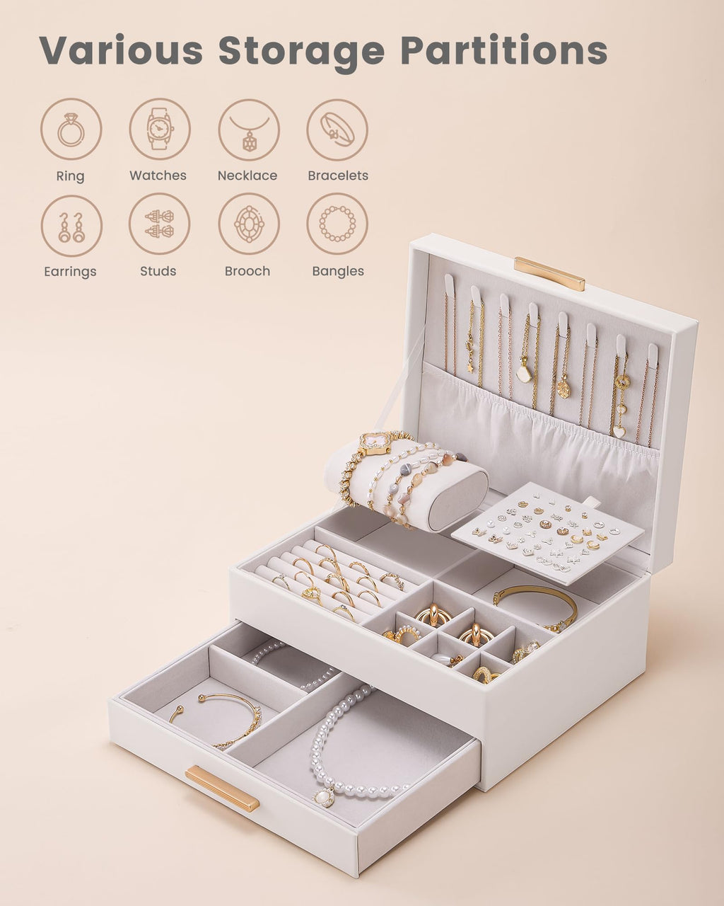 Lolalet 2-Layer Jewelry Box Organizer for Women Girls Room Decor -Beige