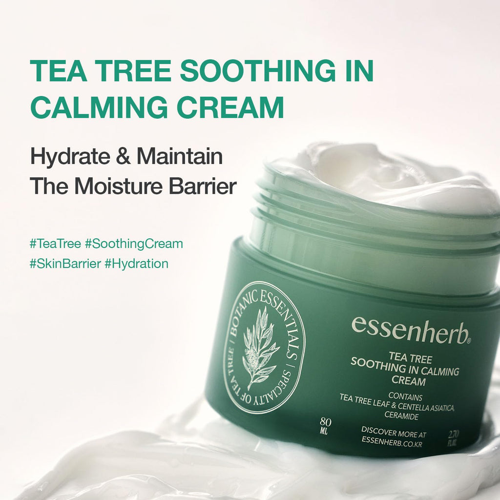 ESSENHERB Tea Tree Soothing In Calming Cream for Sensitive Skin with Tea Tree Oil & Cica, Helps reduce redness and breakouts, Soothing skin and providing hydration, Korean Skin Care (2.70 fl.oz)