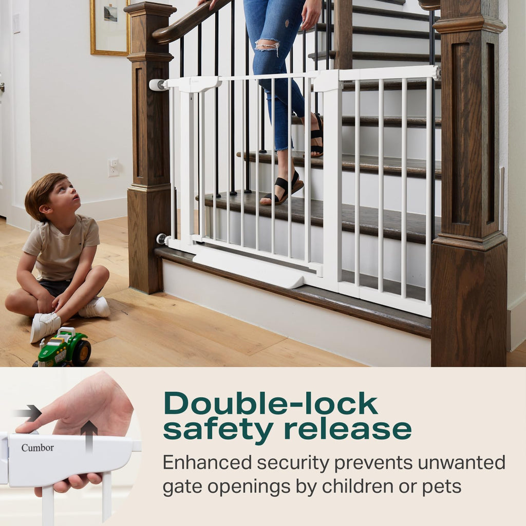 Cumbor 43.5" Auto Close Safety Baby Gate, Extra Tall and Wide Child Gate, Easy Walk Thru Durability Dog Gate for The House, Stairs, Doorways. Includes 4 Wall Cups, 2.75-Inch and 8.25-Inch Extension, W