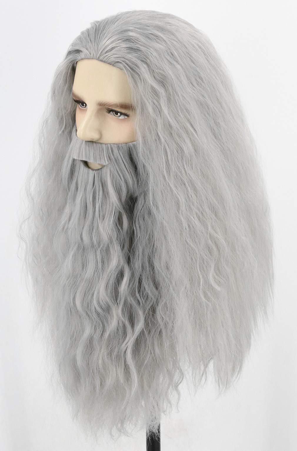 Topcosplay Men Wigs and Beard Set Long Gray Cosplay Halloween Costume Party Wizard Wig