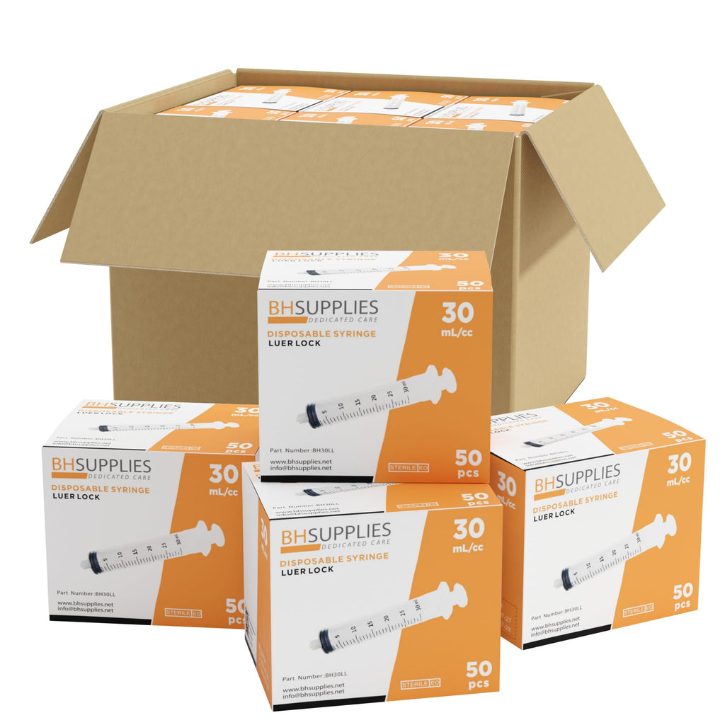 Bulk Case: BH Supplies 30mL Sterile Luer Lock Syringe - Individually Wrapped (600 Syringes, 12 Boxes of 50 Units)