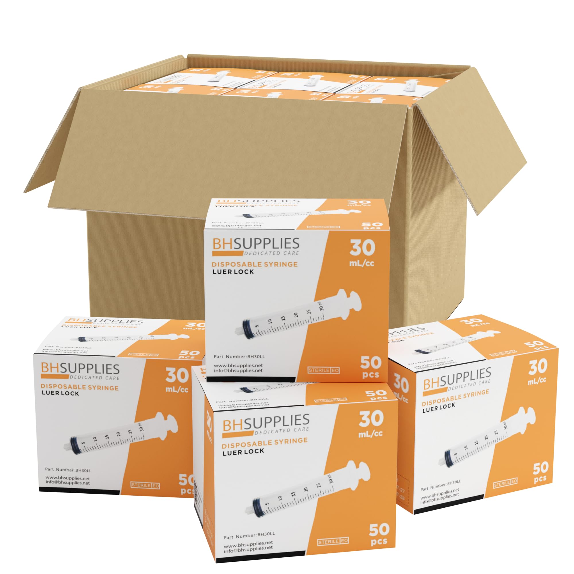 Bulk Case: BH Supplies 30mL Sterile Luer Lock Syringe - Individually Wrapped (600 Syringes, 12 Boxes of 50 Units)