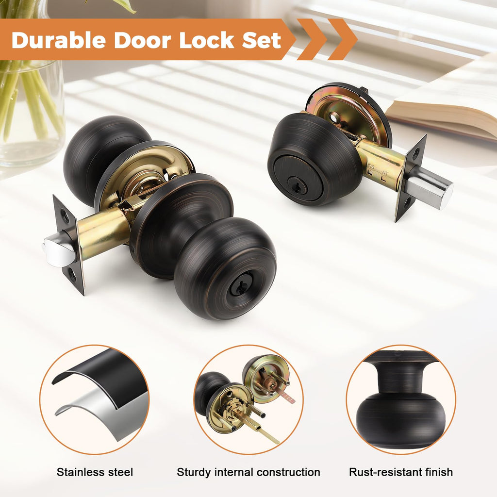 Probrico Entry Door Knob Keyed Alike with Single Cylinder Deadbolt Combination, Oil-Rubbed Bronze, 5 Pack