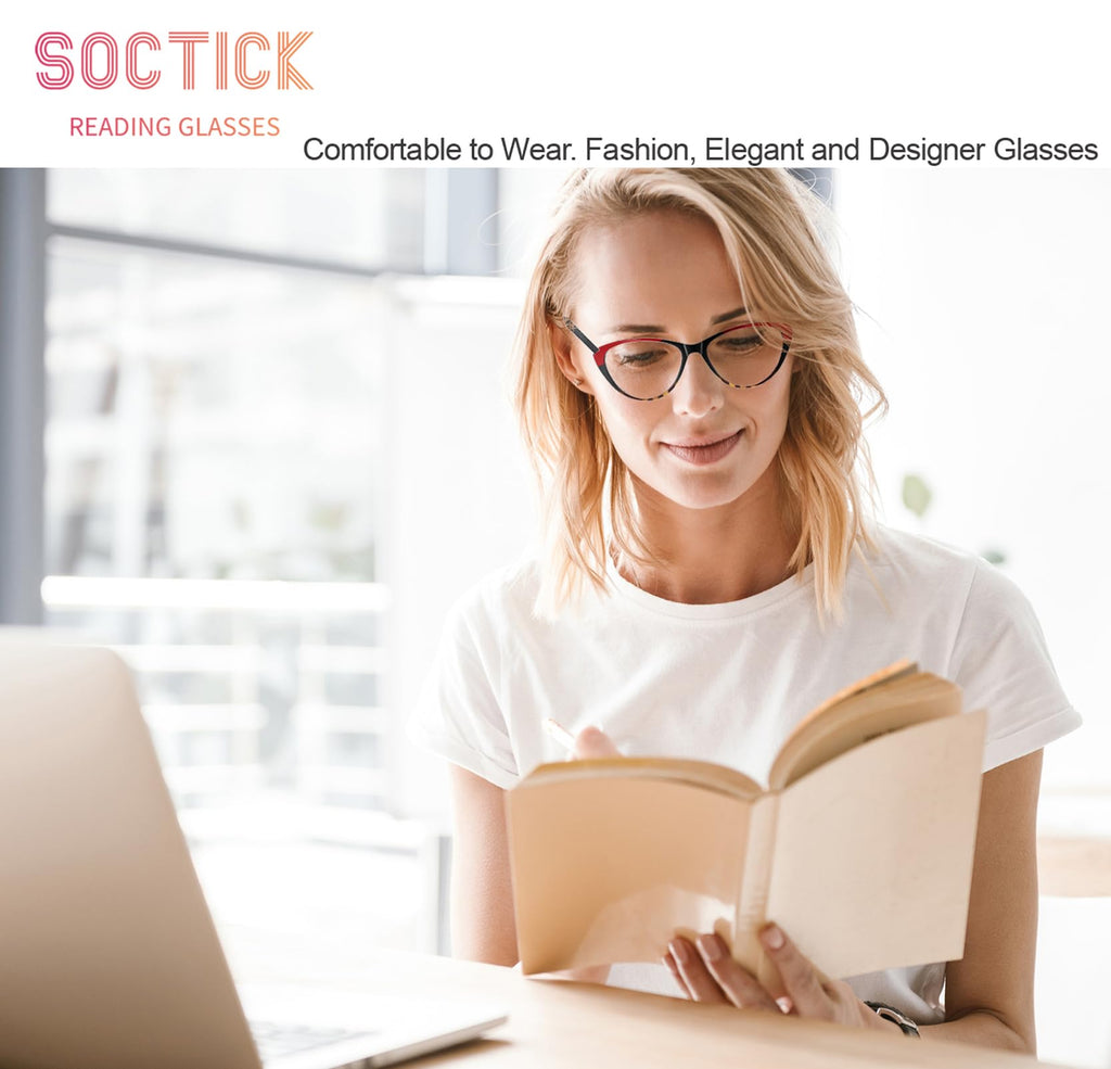 SOCTICK Cat Eye Reading Glasses for Women Blue Light Blocking,Readers for Women 2.75 with Comfort Spring Hinges,Fashion Designer Ladies Eyeglasses(4 pack)