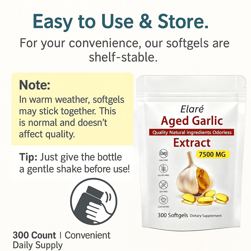Elare Aged Garlic Extract – 300 Count 7500mg Odorless Organic Garlic Supplement for Heart & Immune Support – Non-GMO, All-Natural Softgels, 2-Year Matured for Antioxidant Wellness (2)